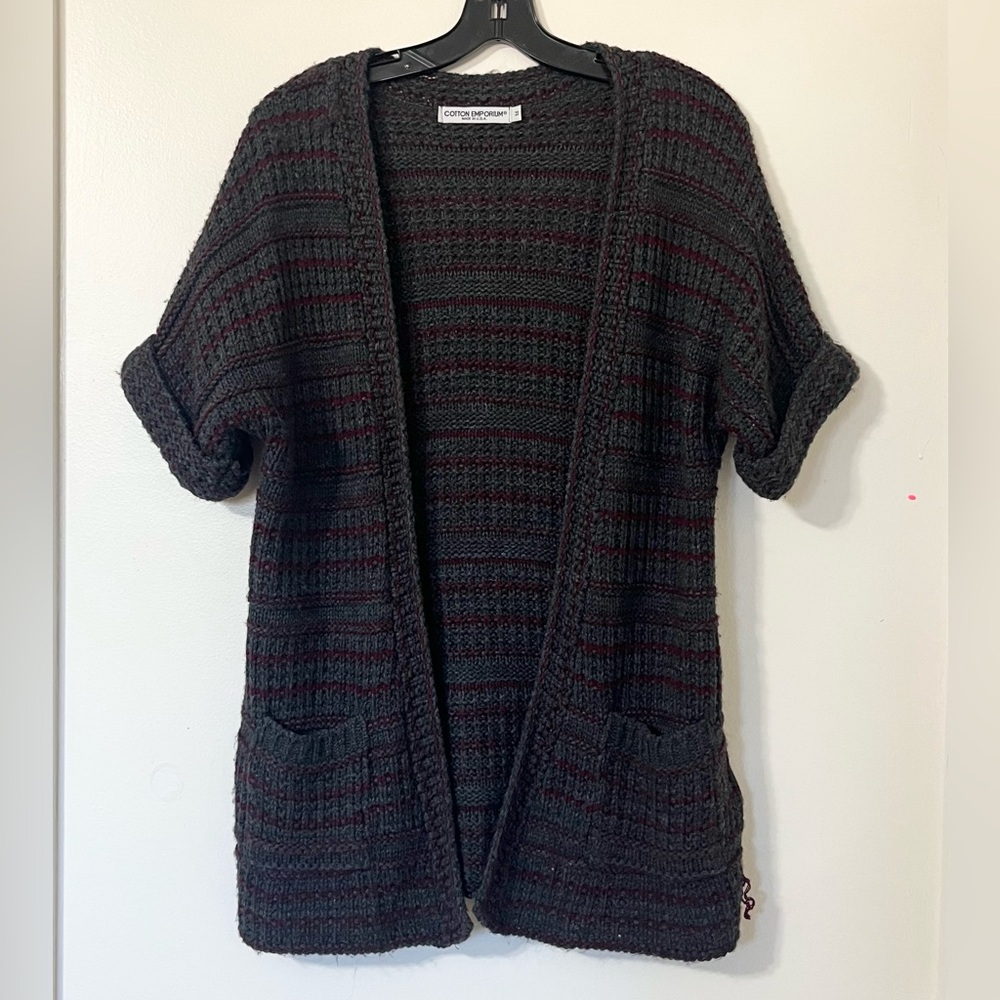 Cotton Emporium Striped Open Front Cardigan Boho Grunge Cozy Pocket Sweater Sz M